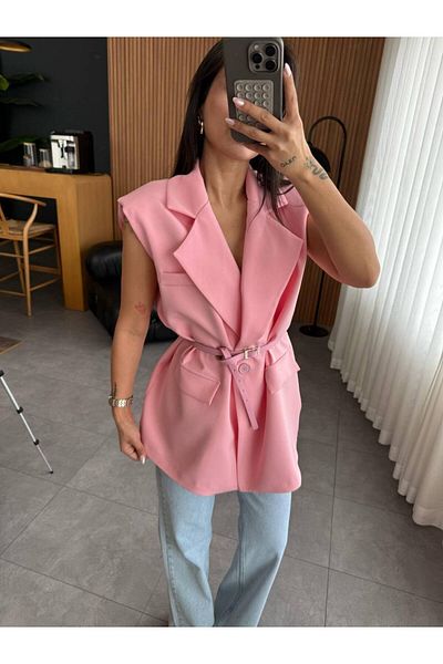 asyadabutik Women's Premium Quality Belted Oversize Blazer Vest