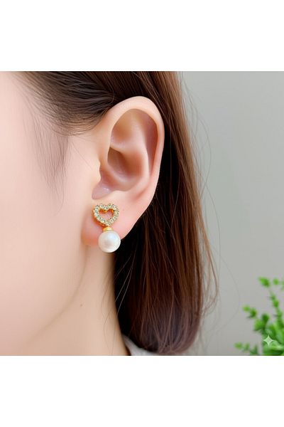 Miyoste Women's Pearl Gold Color Stone Steel Heart Earrings