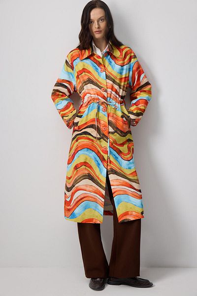 Touché Privé Belted Abstract Patterned Trench Coat