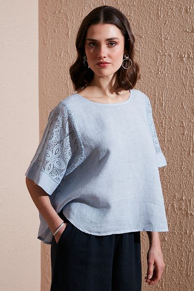 Via Dante Regular Fit Lace Detailed Linen Blouse Bluz 7222690