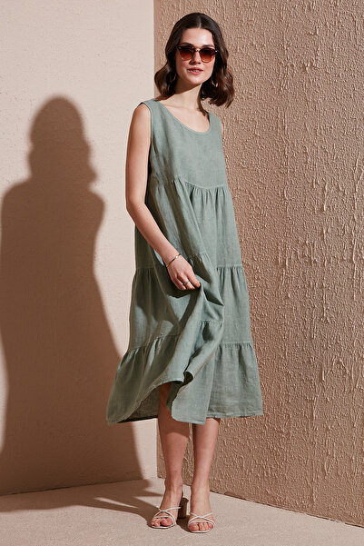 Via Dante Regular Fit Crew Neck Flounce Midi Linen Dress Dress 7202544