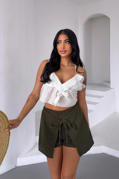 bacc Women's Khaki Double Breasted Muslin Fabric Linen Bcbt- 251002