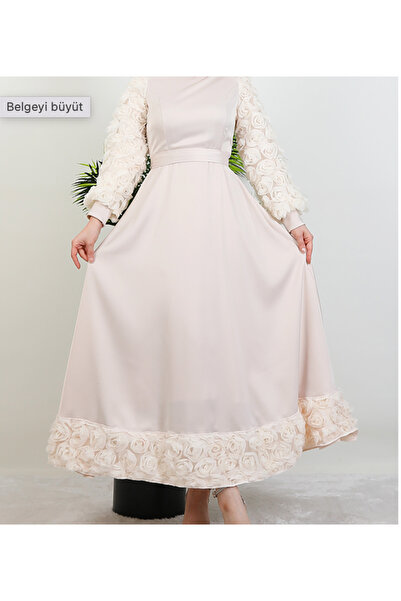 Modarana Eteği Ve Kolları Gül Detaylı Saten Abiye