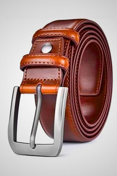 GOLEM Brown Stitched Classic Men's Belt, for Fabric and Canvas Pants, 3.5cm Suit Belt