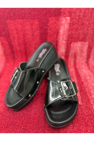 GÖNÜL High Heel Single Buckle Comfortable Stylish Daily Slippers Shiny Black