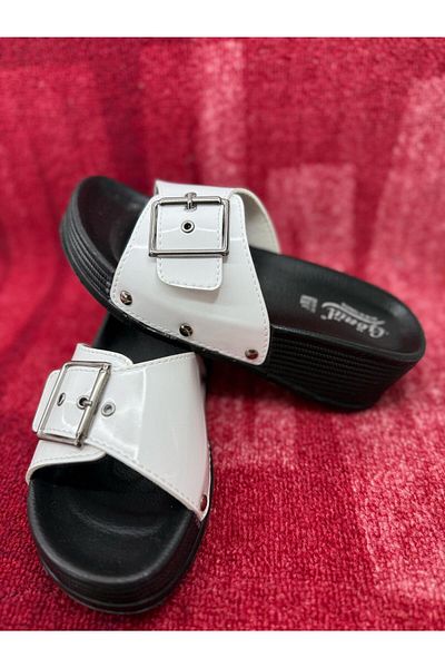 GÖNÜL High Heel Single Buckle Comfortable Stylish Daily Slippers Bright White