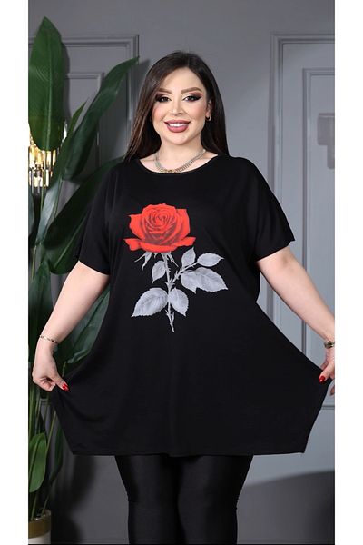 HÜLYA BUTİK Women's Large Size Black Rose Printed Slit Blouse