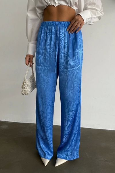 buHillco Jacquard Patterned Blue Satin Trousers with Wide Legs and Elastic Waist