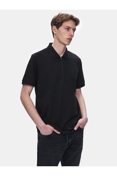 Ltb Polo Neck Zippered Short Sleeve Regular Black T-Shirt