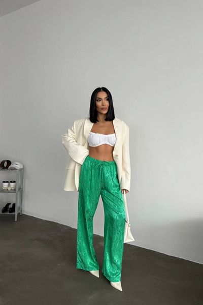 buHillco Jacquard Patterned Wide Leg Green Satin Trousers with Elastic Waist