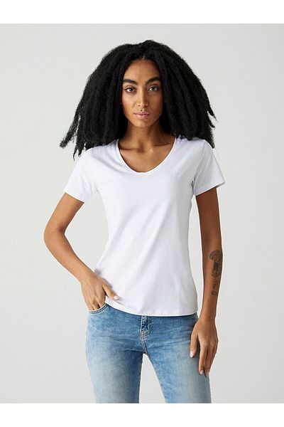 Ltb Tricou alb subțire, de bază, cu mânecă scurtă, cu decolteu în V