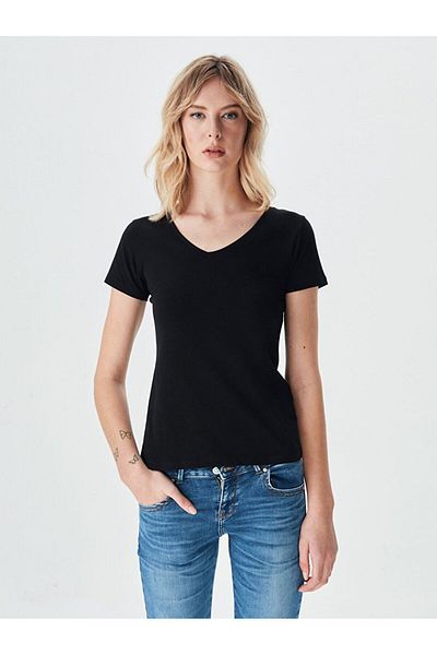 Ltb Tricou negru subțire de bază cu mânecă scurtă și decolteu în V