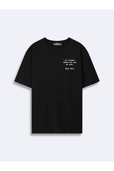 Ltb Short Sleeve Crew Neck Sıgn Printed Loose Black T-Shirt