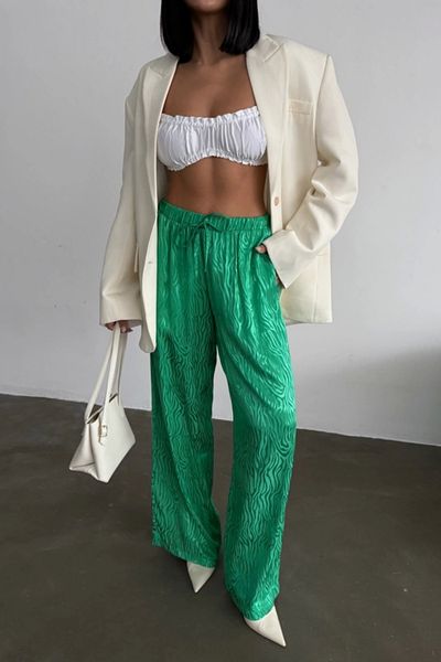 buHillco Jacquard Patterned Wide Leg Green Satin Trousers with Elastic Waist