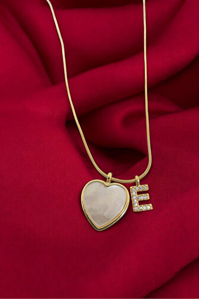 CAXBERN Çelik Zirkon Taşlı Sedefli Kalp Altın Kaplama E Harf Kolye