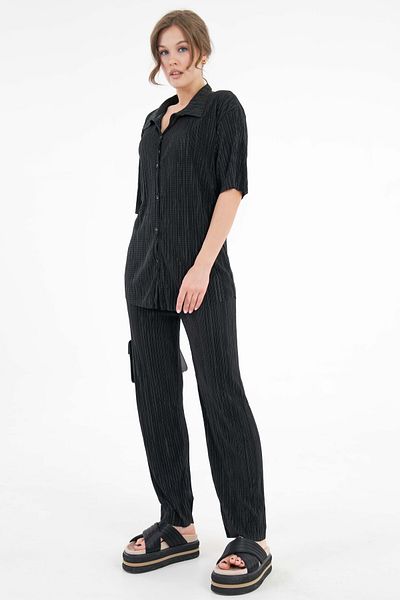 Saade Black Pleated Fabric Wide Collar Shirt - Elastic Waist Trousers Knitted Set