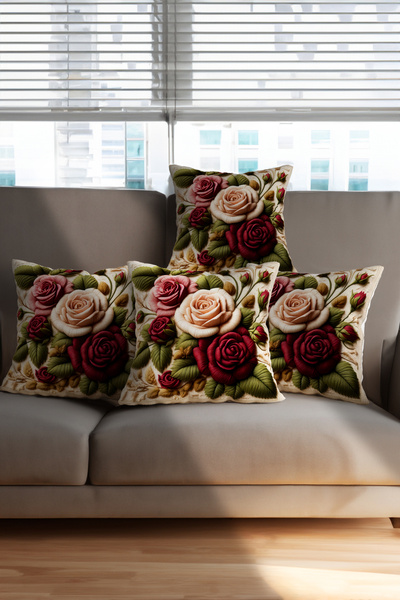 Ahsen Dekoratif Embroidery Patterned Flower Themed Digital Print Luxury Velvet 4-Piece Throw Pillow Cover Set...