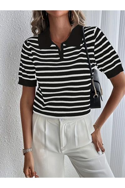 REKA MODA Women's Short Sleeve Polo Neck Line Pattern Knitwear Blouse