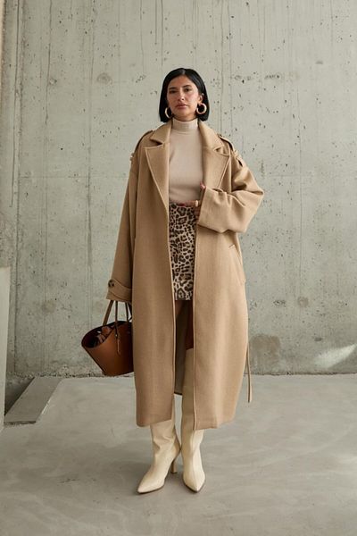 MODAVERA Camel Long Stamp Belted Coat