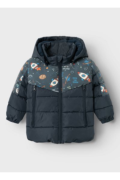 name ıt Navy Blue Men's Zippered Collar Regular Fit Patterned Puffer Coat 13231307