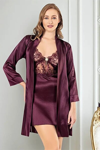 Viselya Mürdüm Dantelli Saten Gecelik Sabahlık Takım