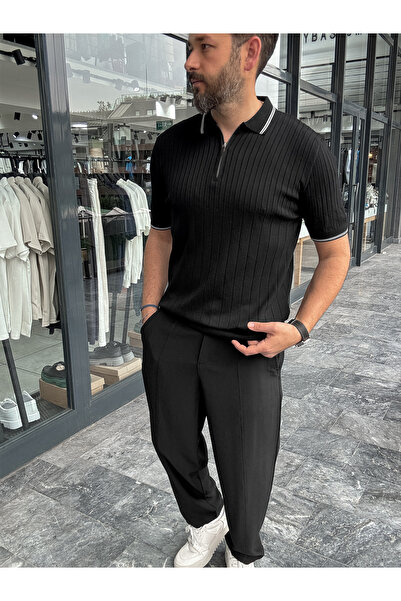 BYBASICMAN Μαύρο μπλουζάκι με μισό φερμουάρ κοτλέ με λαιμόκοψη πόλο YP-5004/