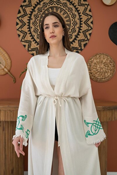 babatr.com Green Print Detail Linen Cardigan