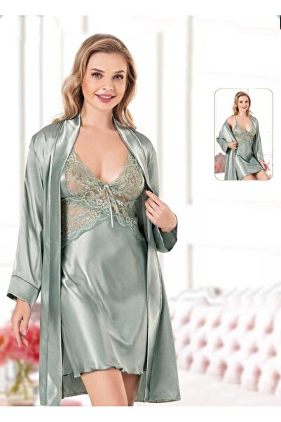 Viselya Su Yeşili Dantelli Saten Gecelik Sabahlık Takım