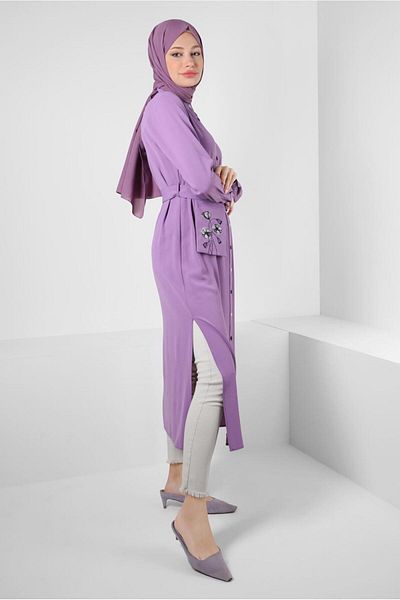 Alvina FLOWER EMBROIDERED BUTTONED BELTED LONG TUNIC 43732
