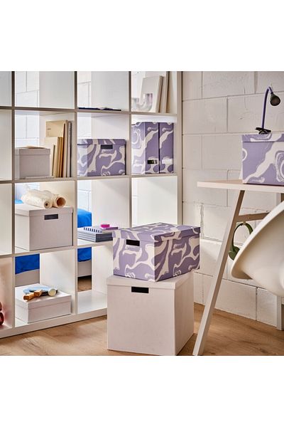IKEA TJENA Storage Box with Lid, Patterned/Lilac White, 25x35x20 cm – Sturdy & Stylish Organizer
