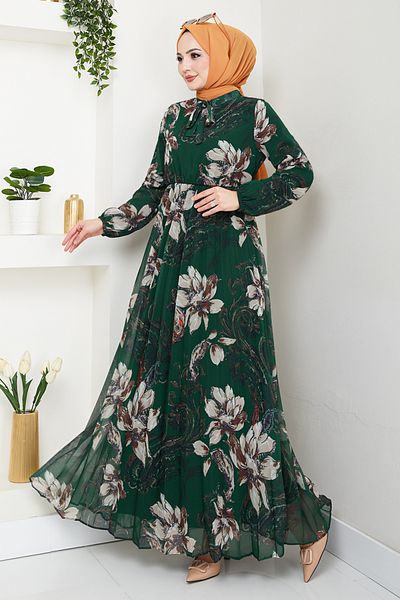 ModaMerve Φόρεμα Hijab με μοτίβο λουλουδιών 5035ANT904-M Emerald