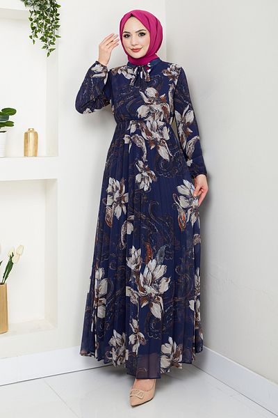 ModaMerve Φόρεμα Hijab με λουλούδια 5035ANT904-M Navy