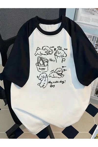 Touz Moda Y2K Cute Cartoon Dog Λευκό μπλουζάκι με μανίκια Raglan Oversize
