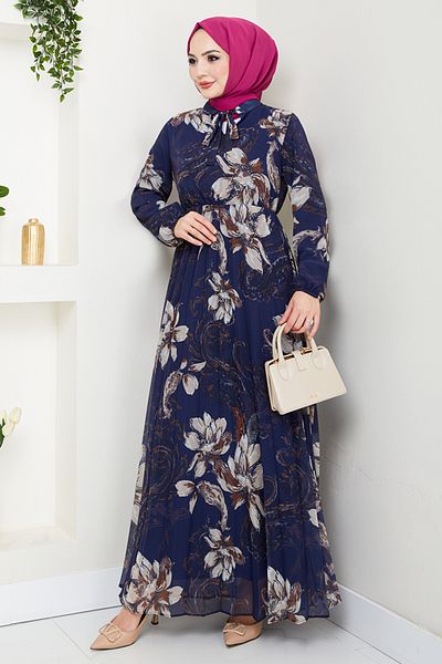 ModaMerve Φόρεμα Hijab με λουλούδια 5035ANT904-M Navy