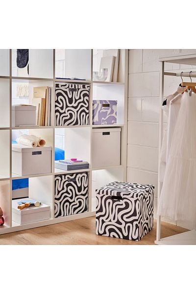 IKEA TJENA Storage Box with Lid, Patterned Black/White, 32x35x32 cm – Stylish & Durable