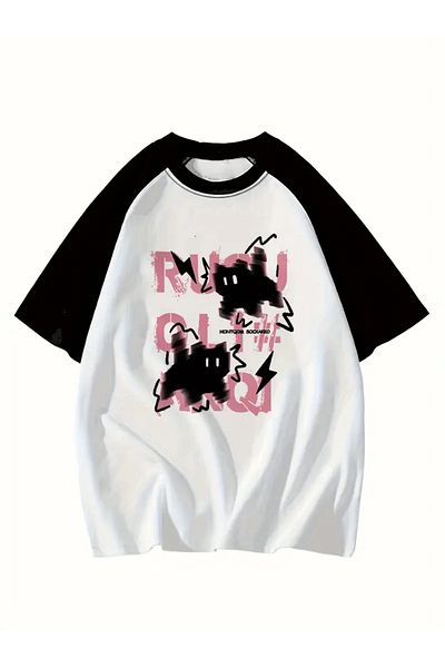 Touz Moda Y2K Cartoon Μαύρο Ροζ Γάτα Λευκό Raglan Oversize T-shirt