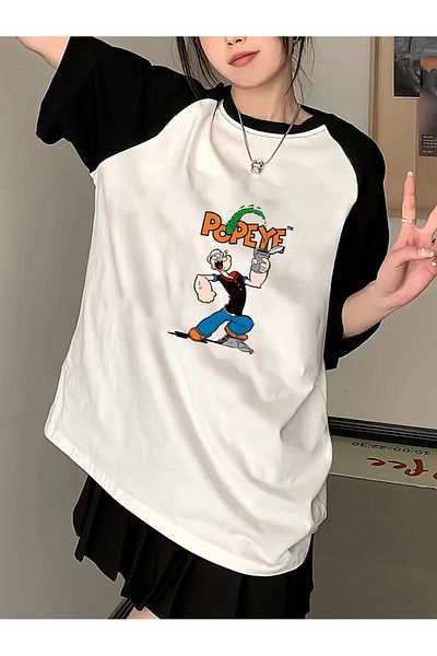 Touz Moda Μπλουζάκι Y2K Popeye Cartoon White Raglan Sleeve Oversize