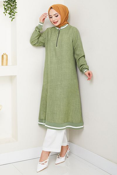 ModaMerve Half Zipper Linen Suit 1724Svl982-M Çağla&Ekru