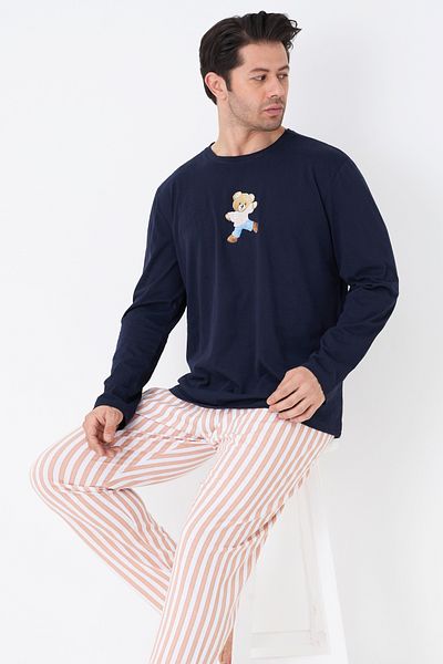 Siyah İnci Navy Blue Mink White Line Pattern Printed Long Sleeve Knitted Men's Pajama Suit7834