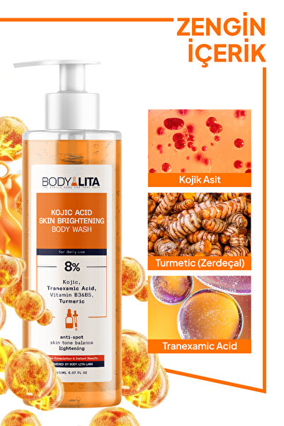 bodylita Kojik Asit Kararma Ve Cilt Aydınlatıcı Vücut Şampuanı, %8 Kojic Acid Serum Etkili Duş Jeli
