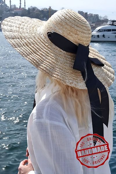 Trenderrs Women's Galata Breeze Model Maxi Size Ribbon Straw Hat Wide Brim Trend Daily and Beach Hat