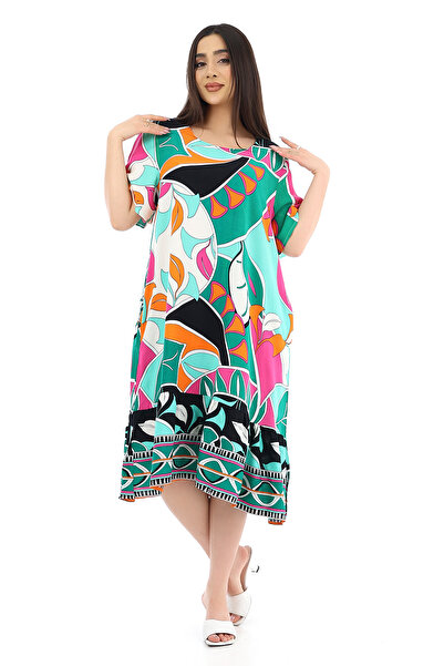 SCHIK Women's Viscose Half Sleeve O Neck Pocket Ruffle Dress Green