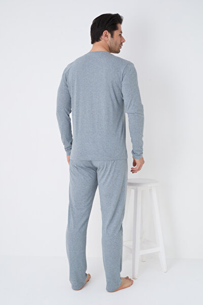 Siyah İnci mavi melanj Uzun Kollu Örme Erkek Pijama Takım7795