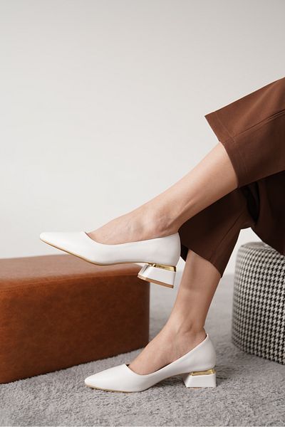 Moda Değirmeni Pantofi cu toc gros, clasici, pentru femei, cu piele albă MD1001-119-0008