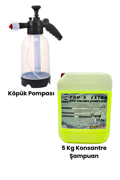Apex Cilalı Oto Şampuanı 5 Kg Ve Köpük Atan Pompa 2 Lt, Araç Köpükleme Seti - Oto Yıkama Süngeri Hediye
