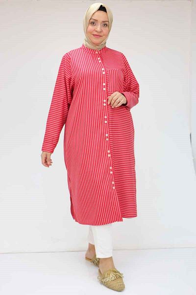 Eslina 58010 Large Size Pocketed Buttoned Tunic - Red