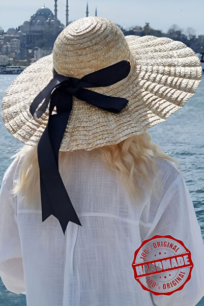 Mood Agenda Pălărie de paie pentru femei Galata Breeze Model Maxi Size Ribbon Pălărie de paie cu boruri largi Trend Casual și Plajă