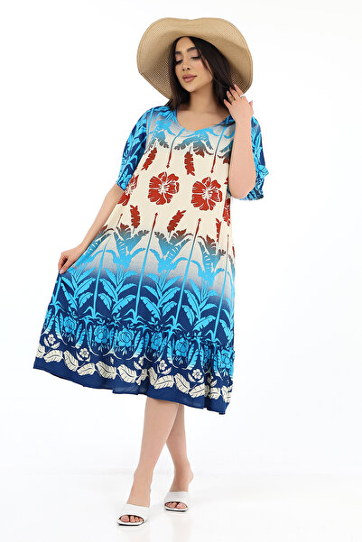 SCHIK Women's Viscose Half Sleeve O Neck Pocket Ruffle Dress Turquoise