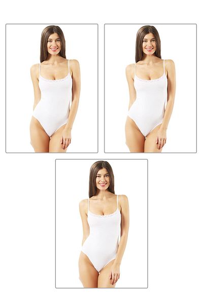 ÖZKAN underwear Özkan 0568 3-Pack Women's Cotton Flexible Comfortable Lace Detailed Strap Snap Body Bodysuit