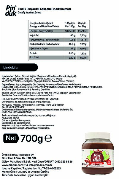 Pinduk Fındık Parçacıklı Kakaolu Fındık Kreması (%23 Fındık) 700 Gr